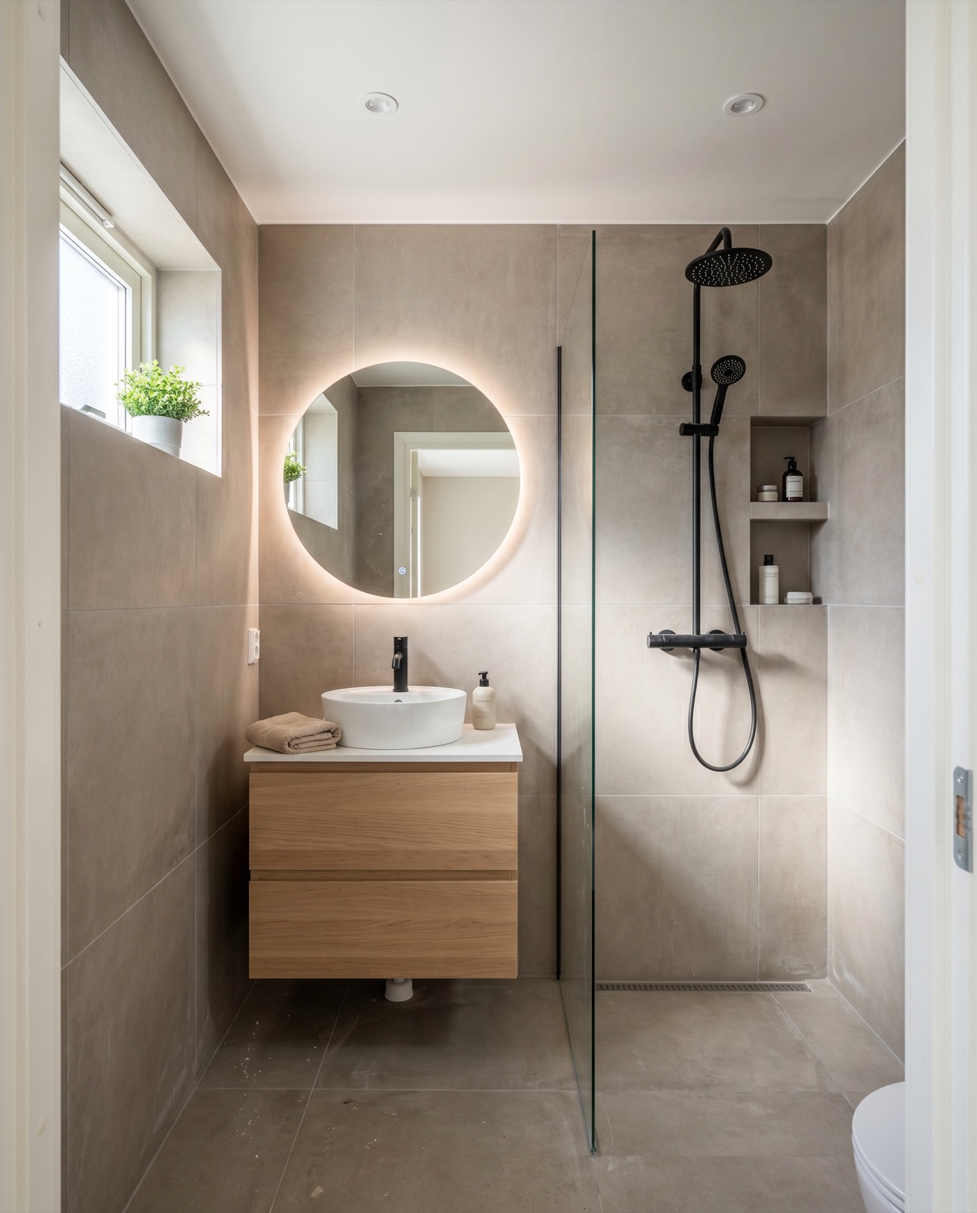 Newly renovated bright Scandinavian bathroom with a walk-in shower and warm grey tiles