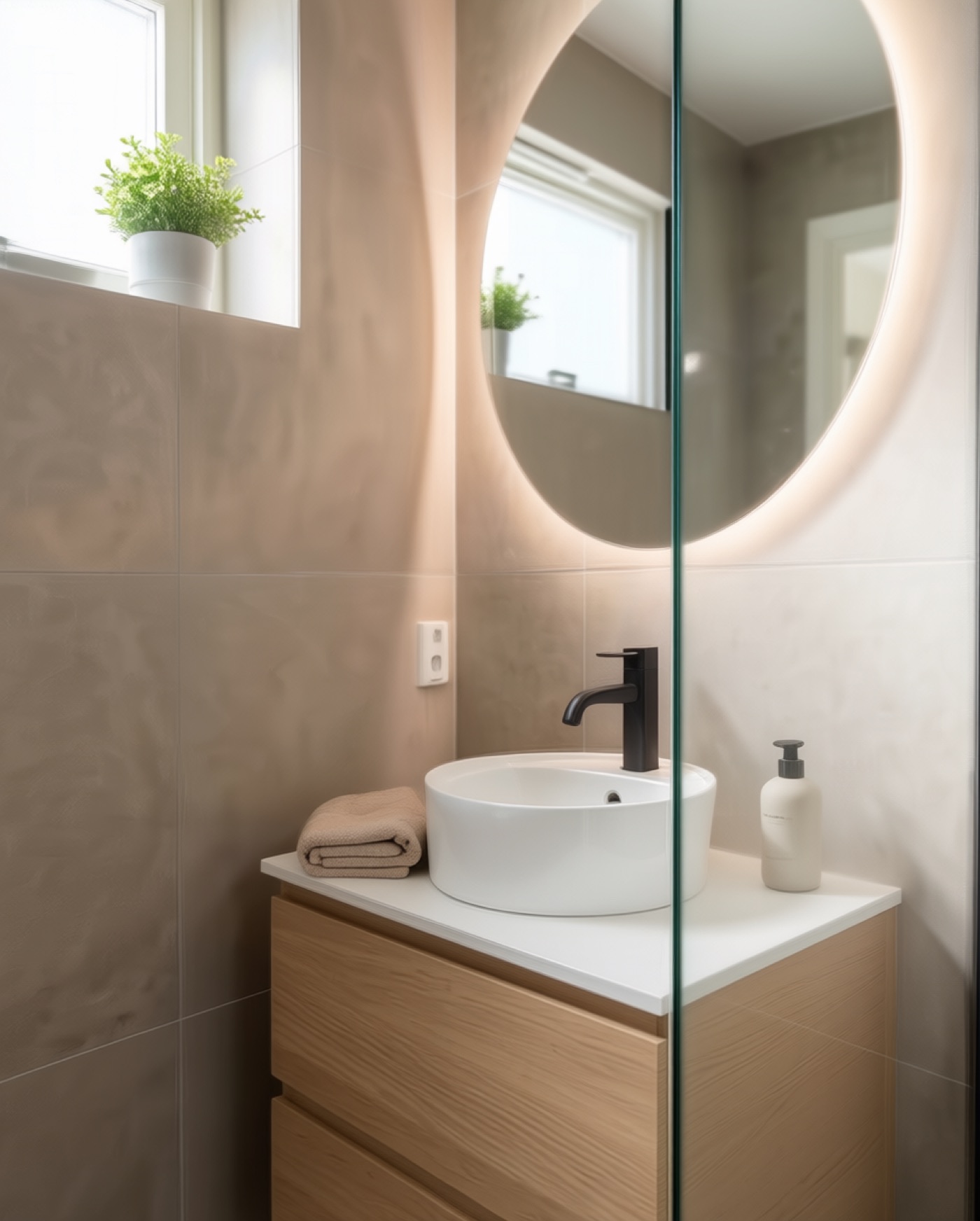Detail of the finished bathroom with basin, matte black tap and tiled wall