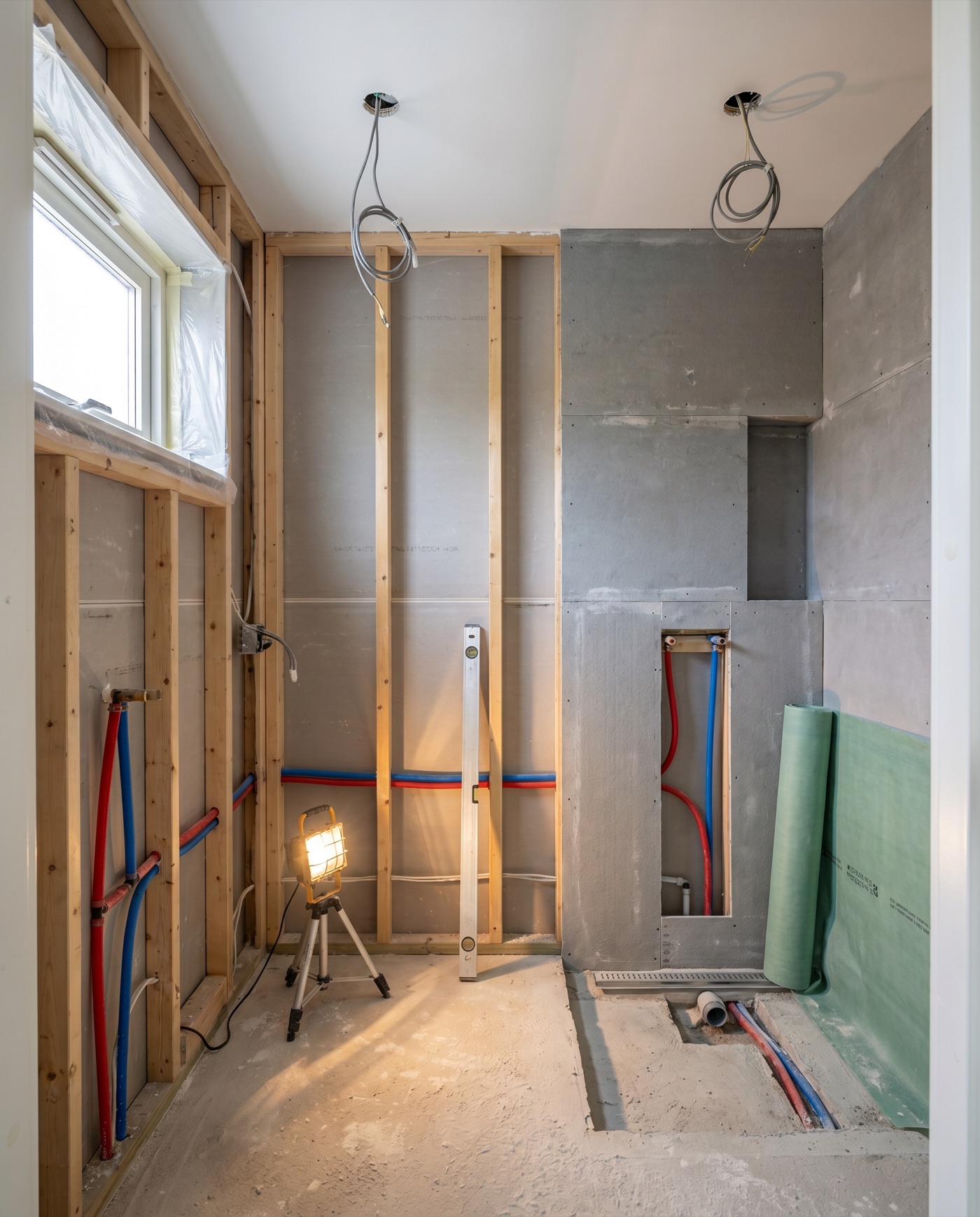Bathroom stripped to the studs mid-renovation, ready for waterproofing and new pipework