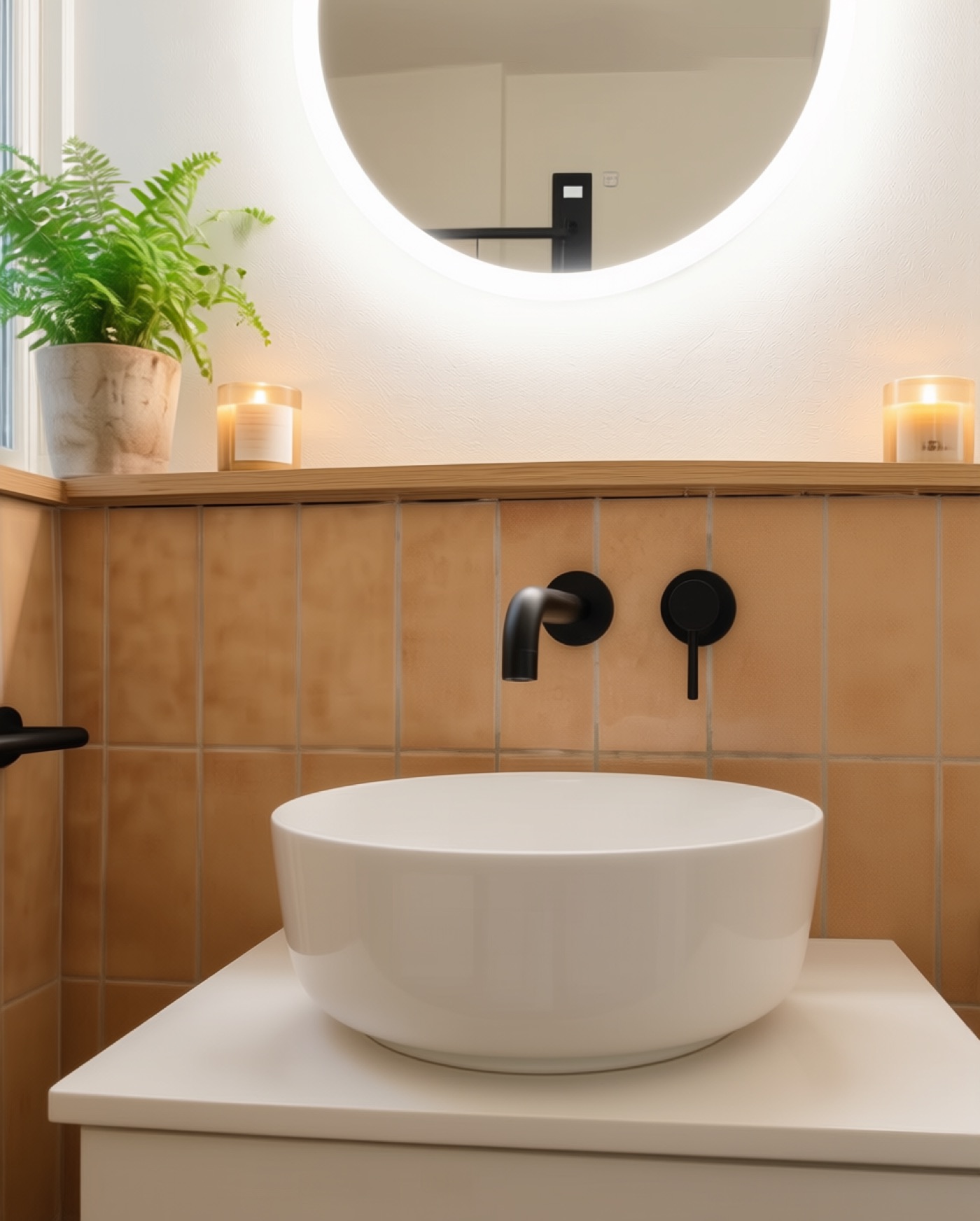 Detail of a new matte black tap against unchanged tiles