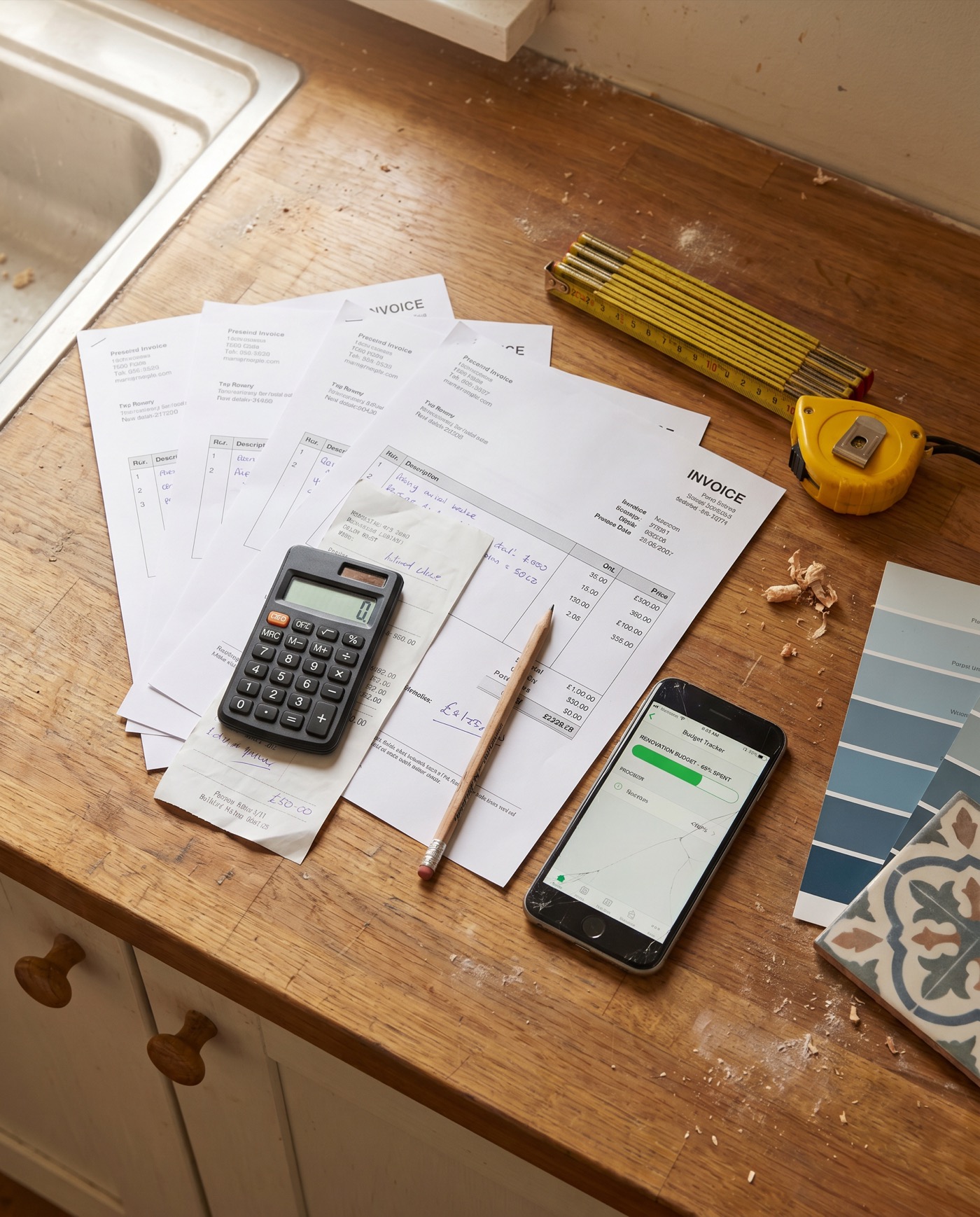 Receipts, invoices and a calculator spread across a kitchen worktop mid-renovation