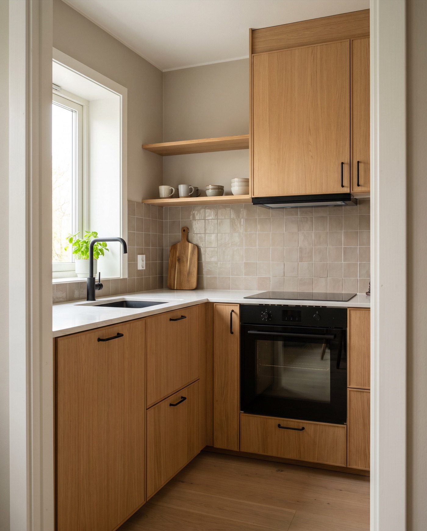 New light kitchen with oak fronts, a white worktop and a matt black tap, fitted in 2026