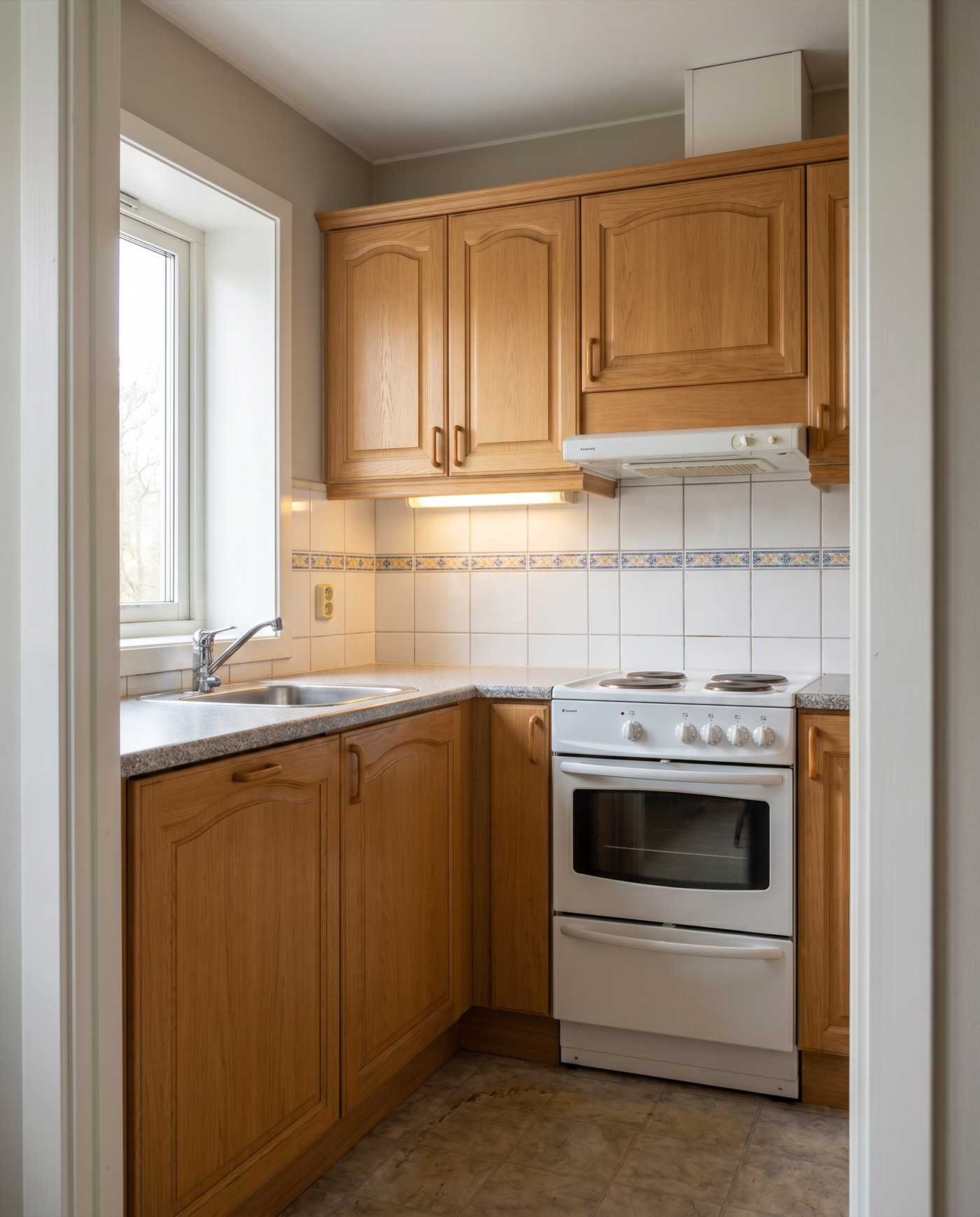 Dated 1990s kitchen with panelled oak doors and a tiled splashback, before renovation