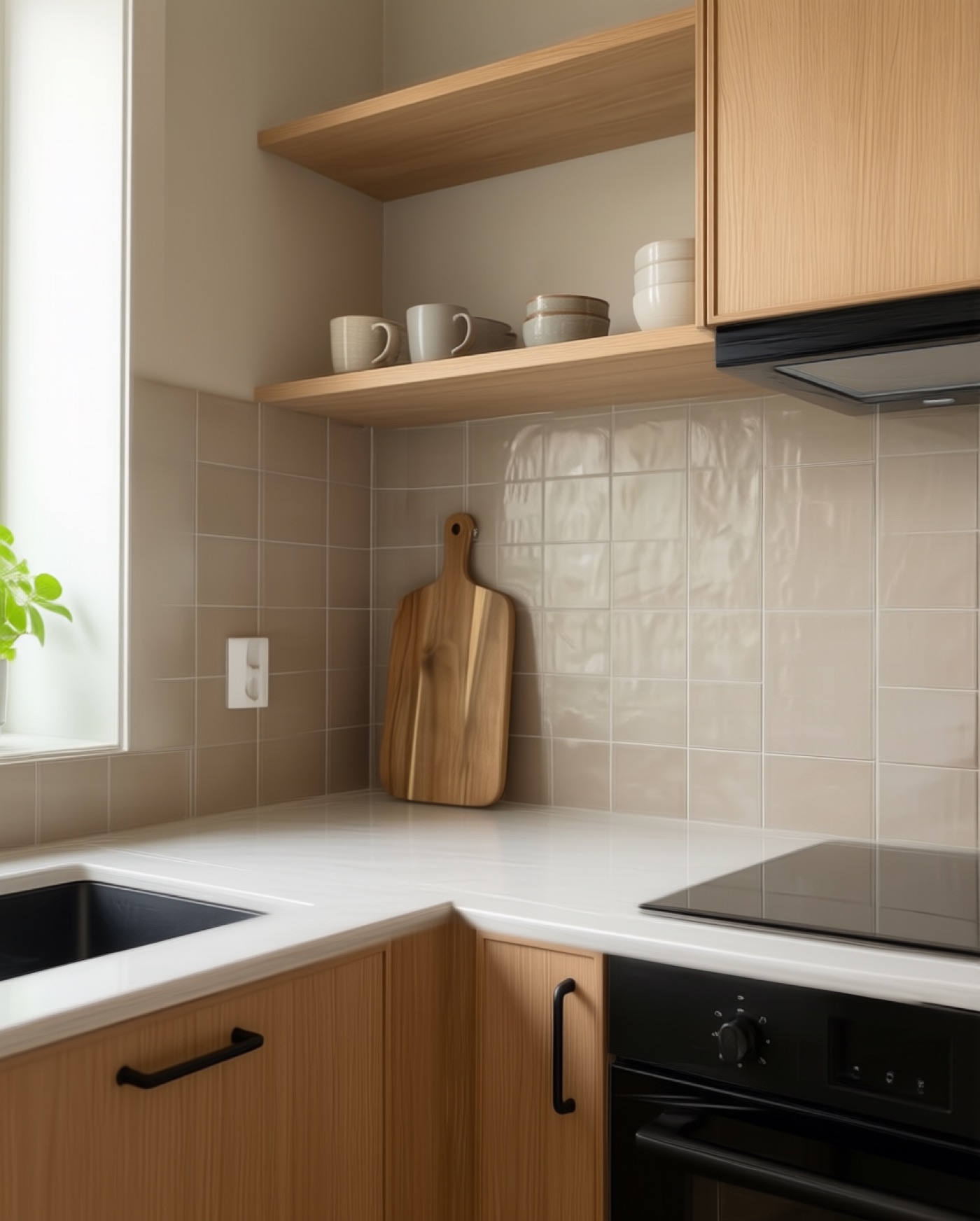 Detail of a new kitchen worktop with a matt black tap and a light stone surface