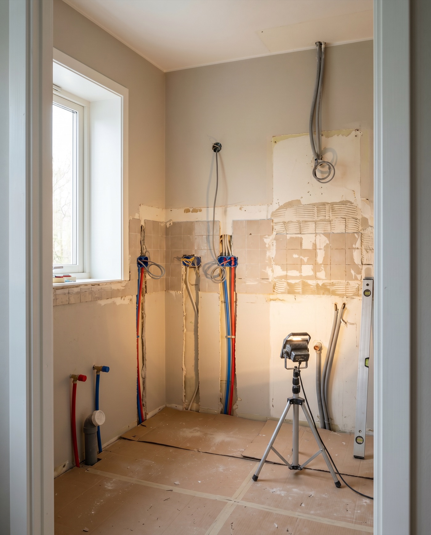 Kitchen stripped out mid-renovation, with exposed pipework and electrical work in the walls