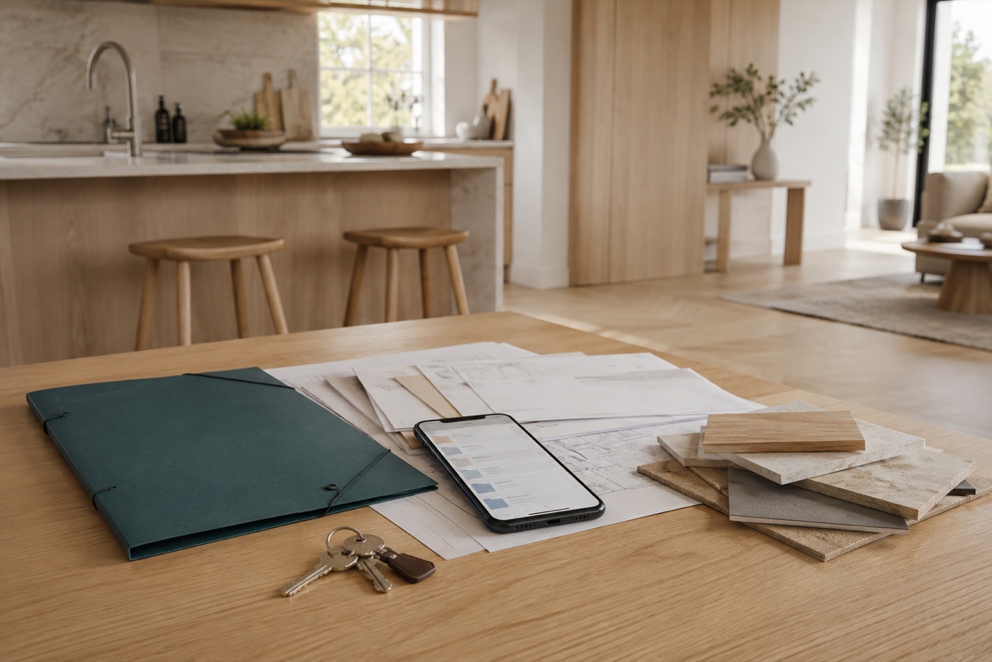 Mappe med oppussingsdokumenter, plantegninger, materialprøver, nøkler og mobil på et bord i en nyoppusset bolig