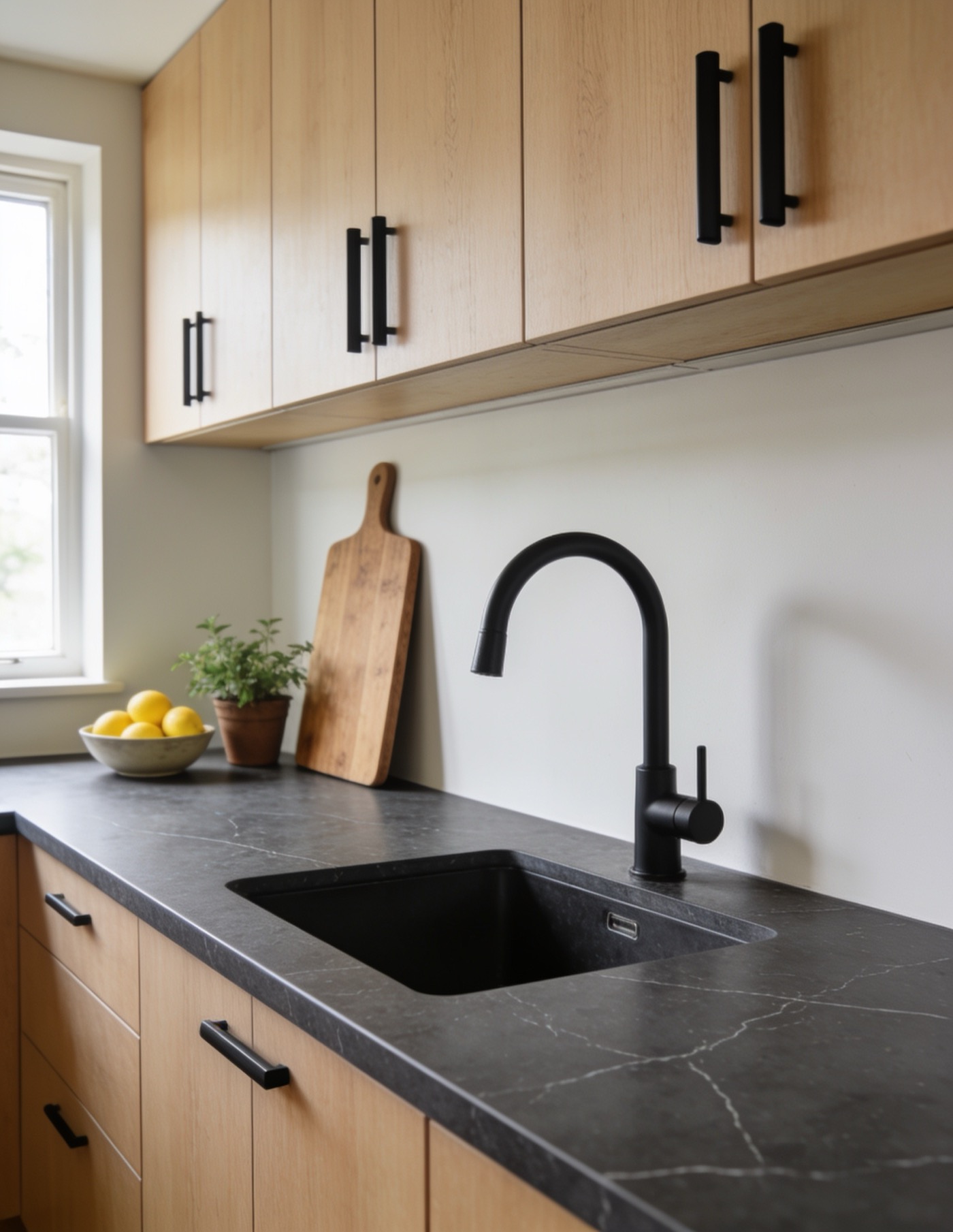 Kitchen with a new dark composite worktop, on the same cabinets and doors as before