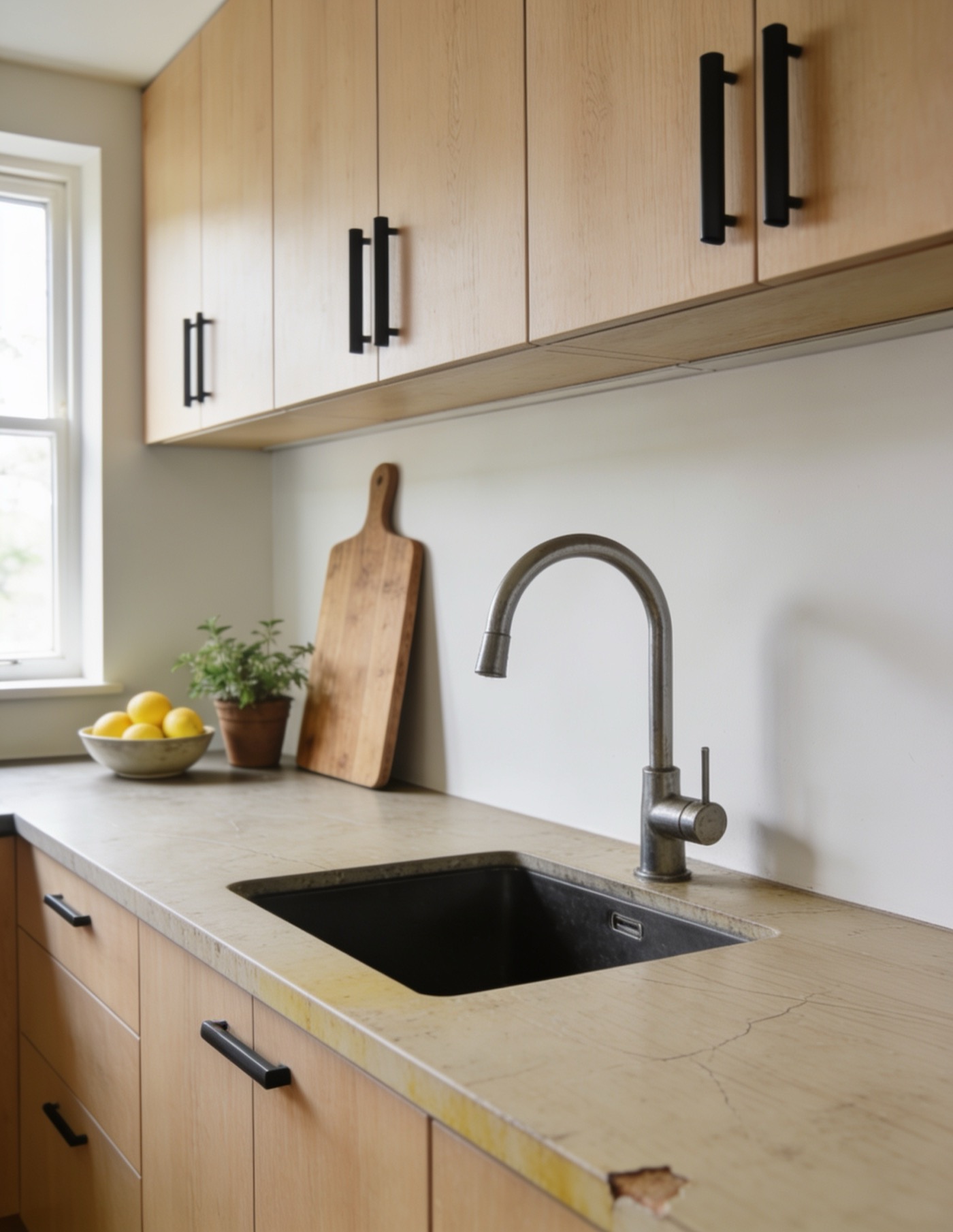 Current kitchen with a worn laminate worktop, same cabinets as the after shot