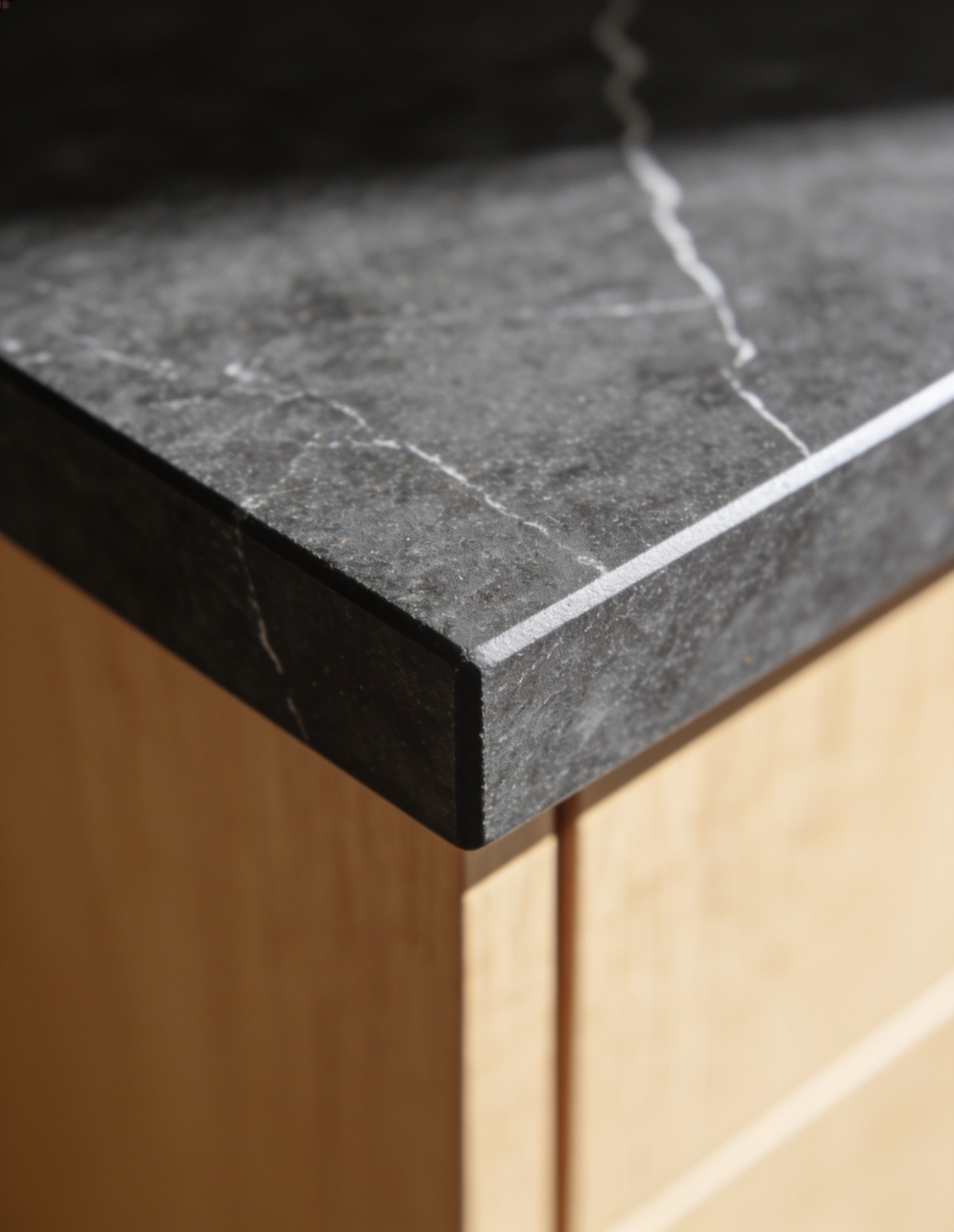 Close-up of the edge and surface of the new kitchen worktop
