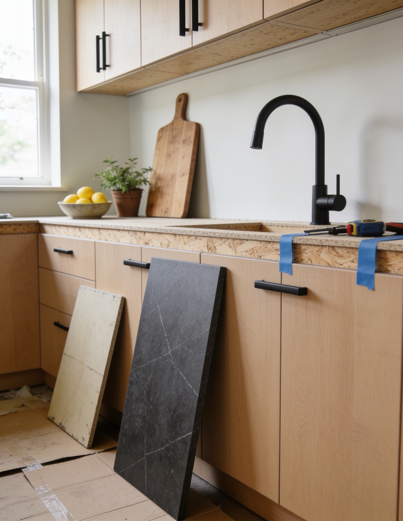 Kitchen mid worktop swap with the old worktop lifted off and the new one ready to fit